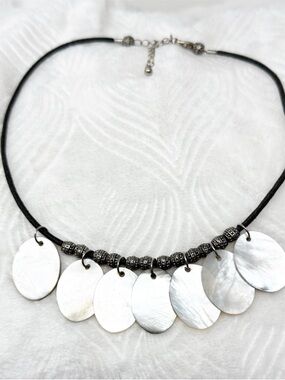 Boho Mother of Pearl abalone Shell Disc Necklace Black Cord Coastal Beachy